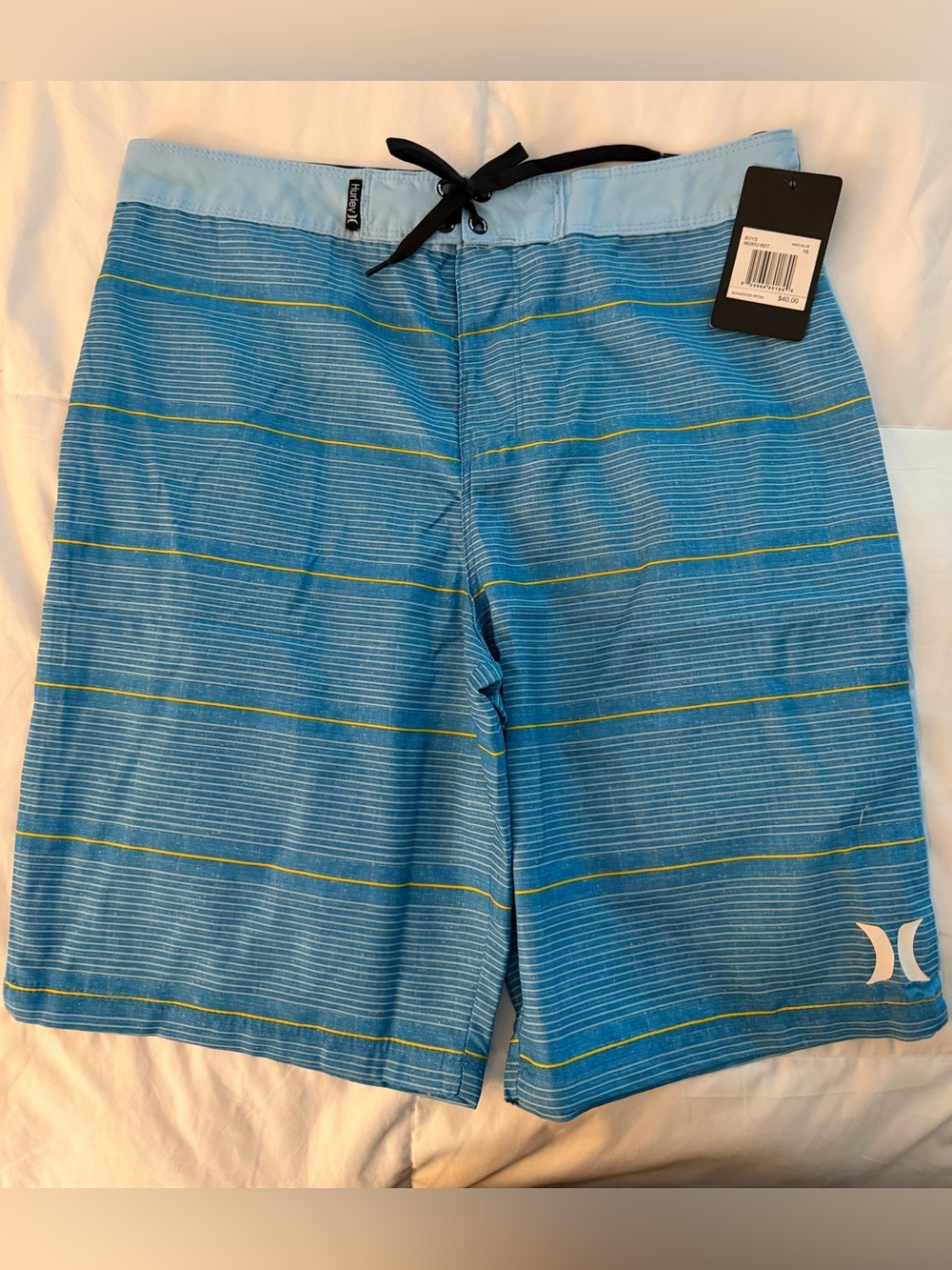 NWT Boys Hurley Size 16 Blue Striped Swim Trunks, Unlined.